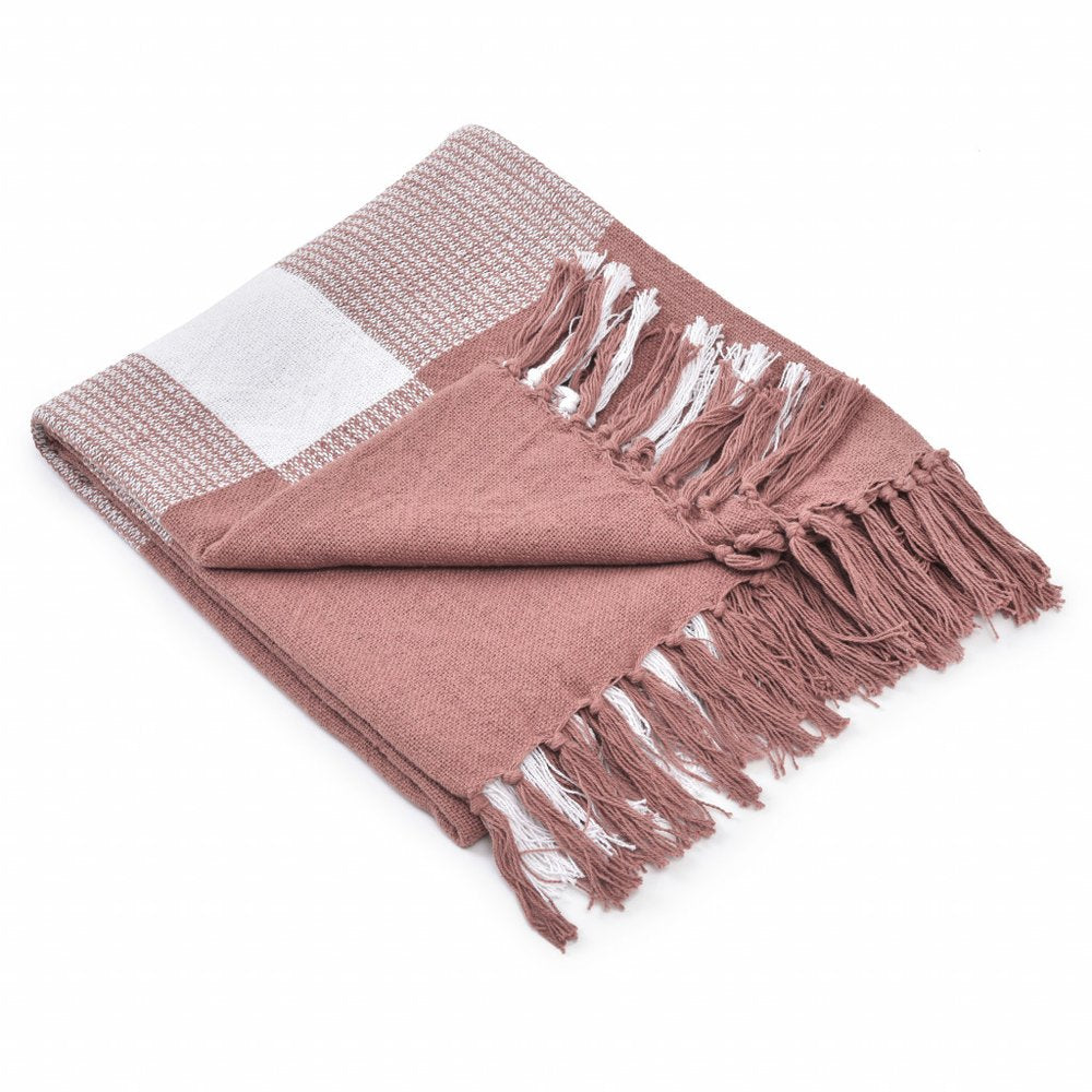 50" X 60" Pink Woven Cotton Checkered Throw Blanket with Fringe