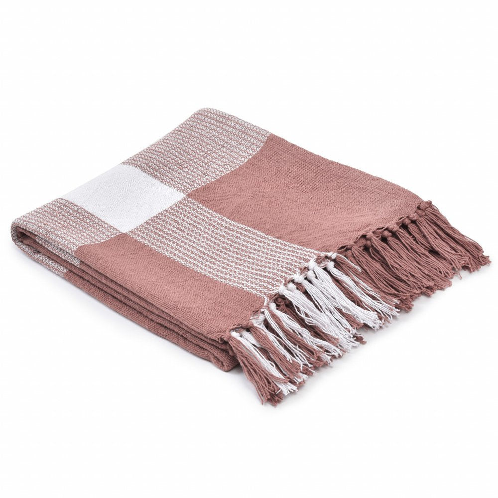 50" X 60" Pink Woven Cotton Checkered Throw Blanket with Fringe