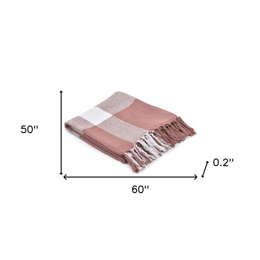 50" X 60" Pink Woven Cotton Checkered Throw Blanket with Fringe