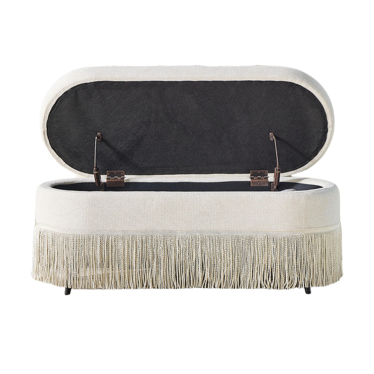 Oval Upholstered Storage Ottoman With Fringe Trim & Lift Top Lid