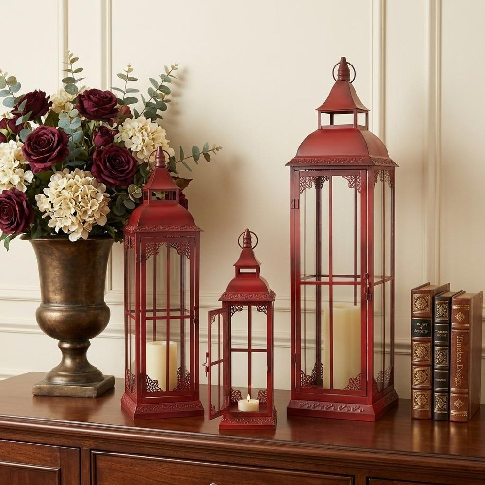 Set of Three Red Distressed Ornate Glass And Metal Floor Lantern Candle Holders