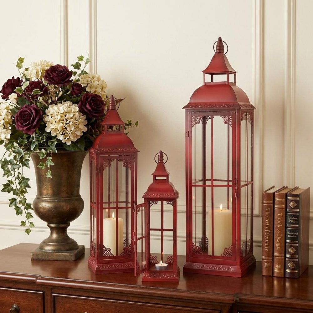 Set of Three Red Distressed Ornate Glass And Metal Floor Lantern Candle Holders