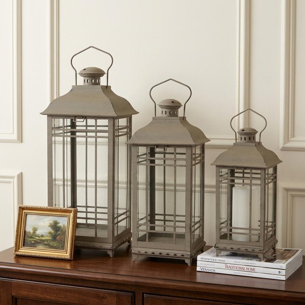 Set of Three Brown Distressed Geometric Glass And Metal Floor Lantern Candle Holders
