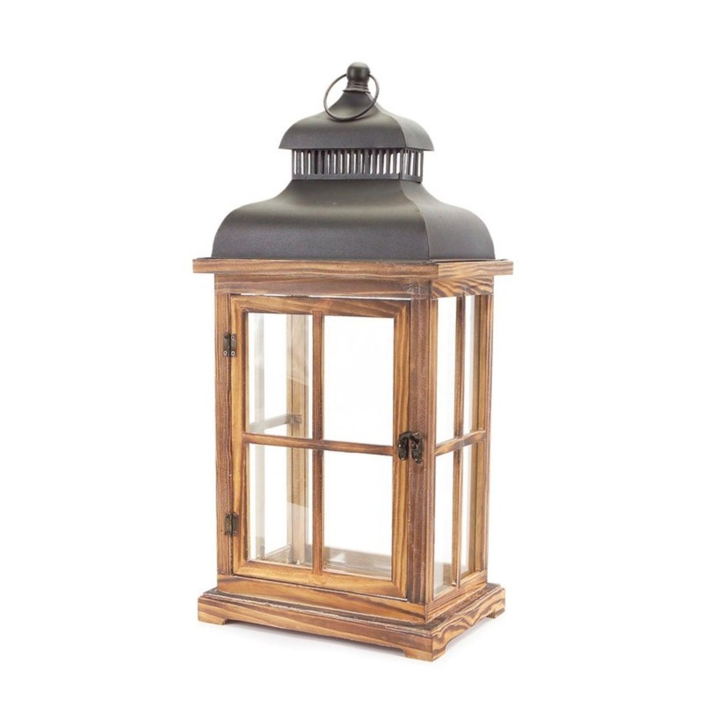 Set of Two Brown Abstract Wood And Metal Tabletop Lantern Candle Holders