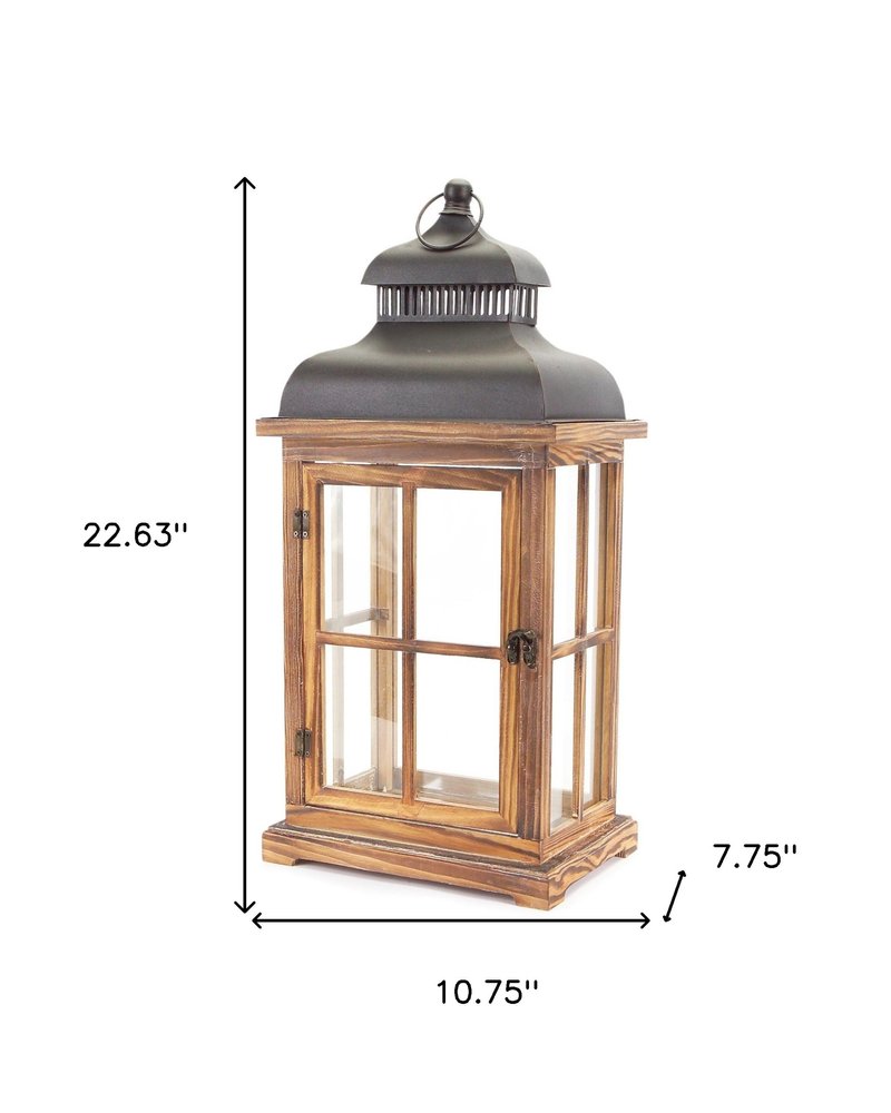 Set of Two Brown Abstract Wood And Metal Tabletop Lantern Candle Holders