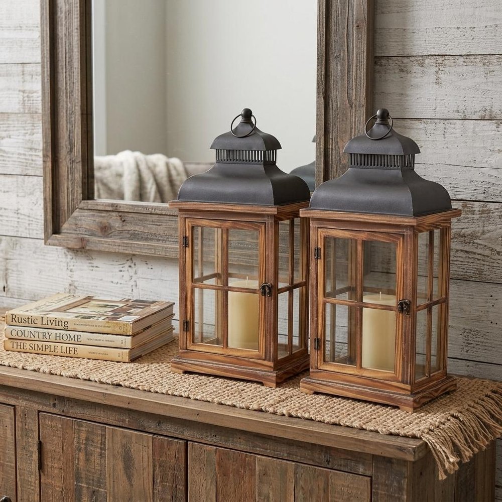 Set of Two Brown Abstract Wood And Metal Tabletop Lantern Candle Holders