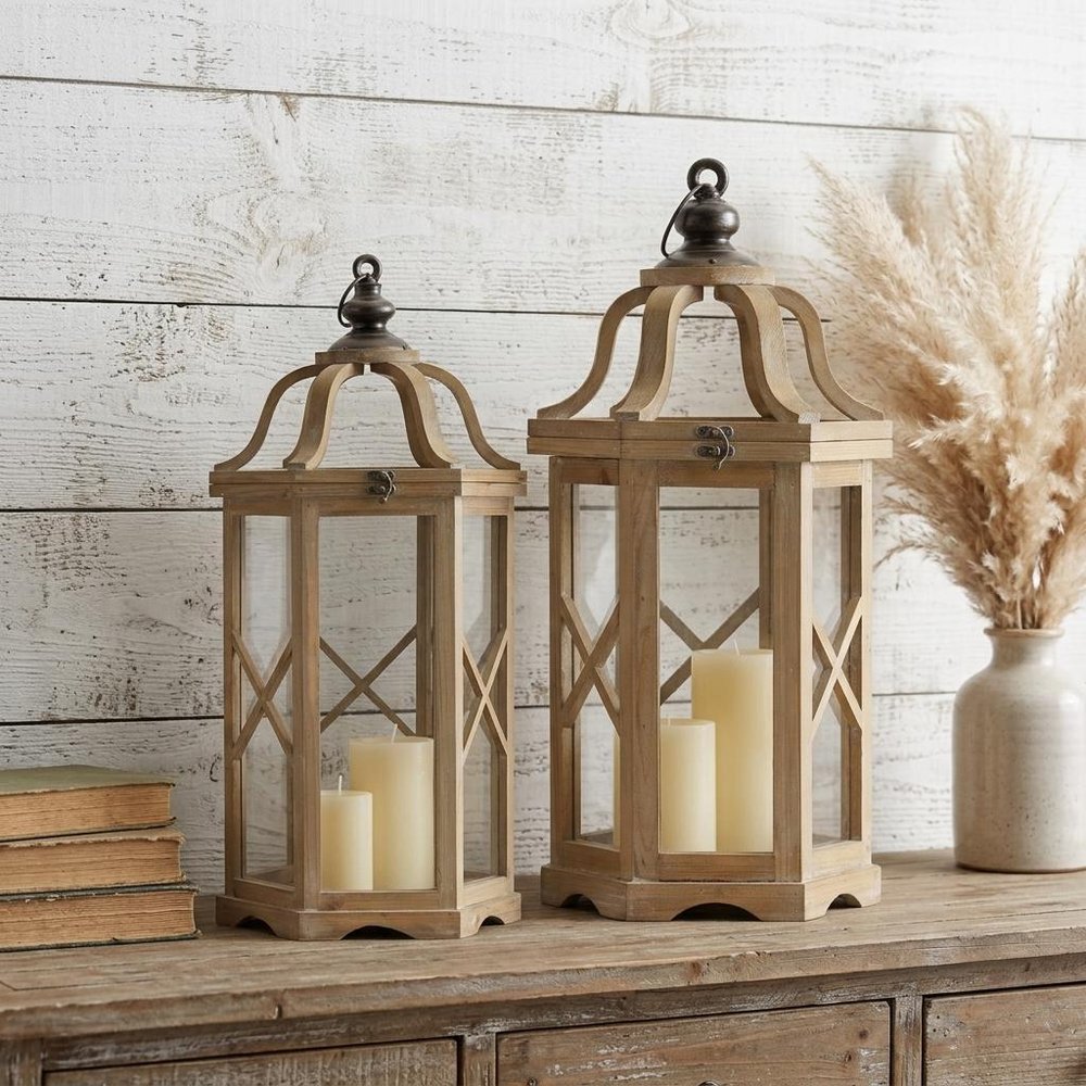Set of Two Natural And Brown Distressed Geometric Wood And Metal Floor Lantern Candle Holders