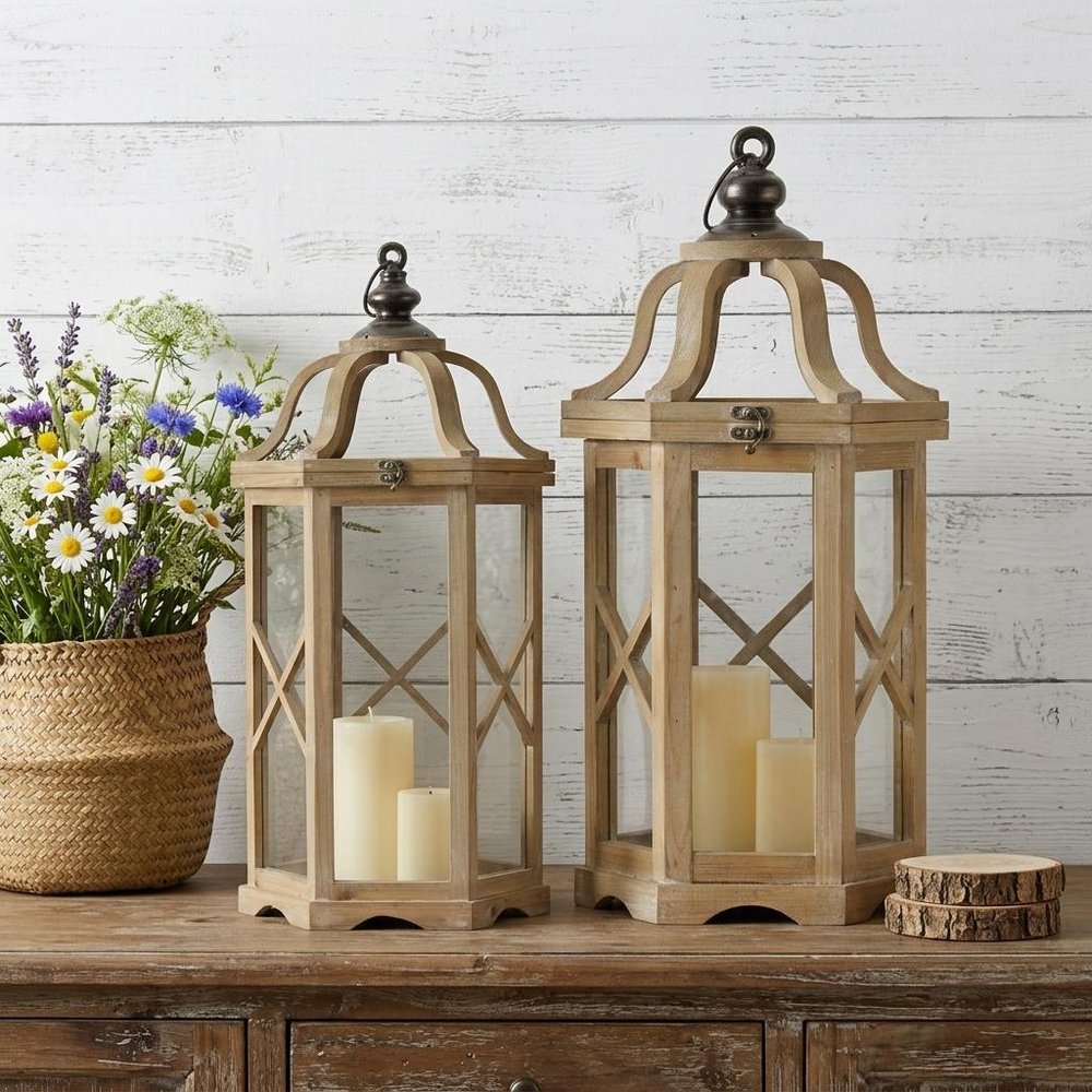 Set of Two Natural And Brown Distressed Geometric Wood And Metal Floor Lantern Candle Holders