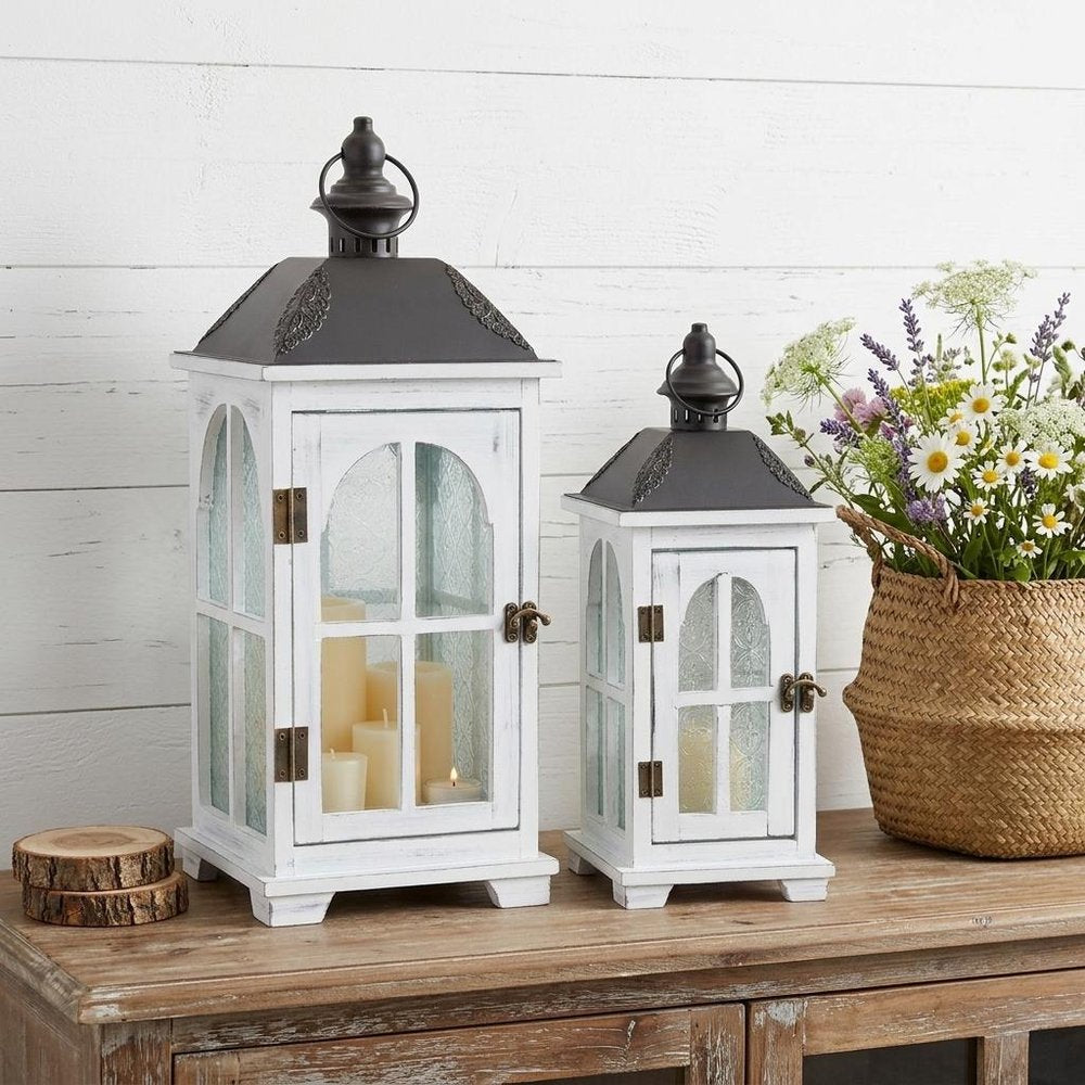 Set of Two White And Black Distressed Ornate Glass Wood And Metal Floor Lantern Candle Holders