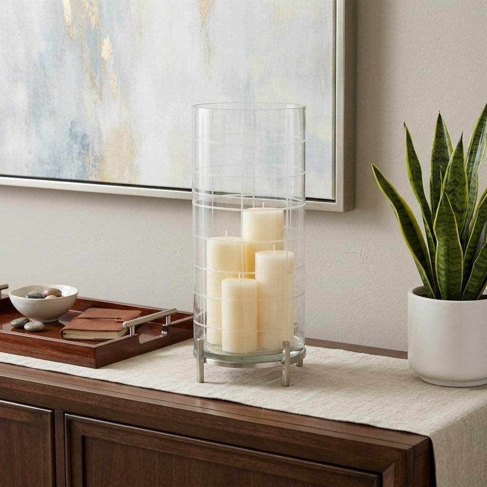 12" Silver And Clear Geometric Iron And Glass Tabletop Hurricane Candle Holder