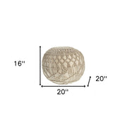 20" Cream Cotton Tufted Round Geometric Pouf Ottoman