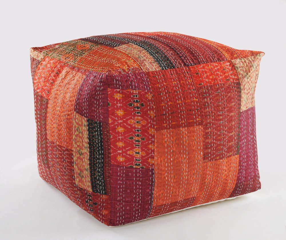 48" Cream Cotton Patchwork Pouf Ottoman