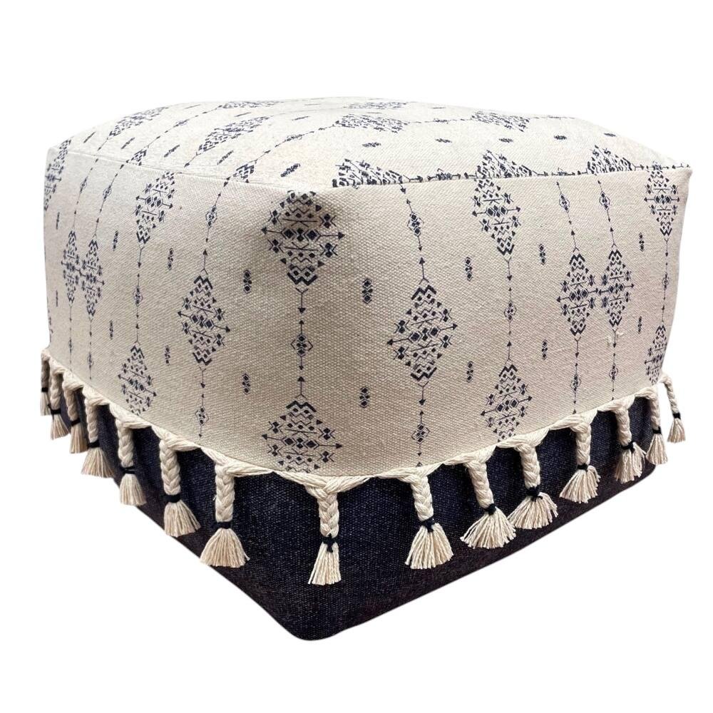 18" Natural And Navy Blue Cotton Medallion Pouf Ottoman