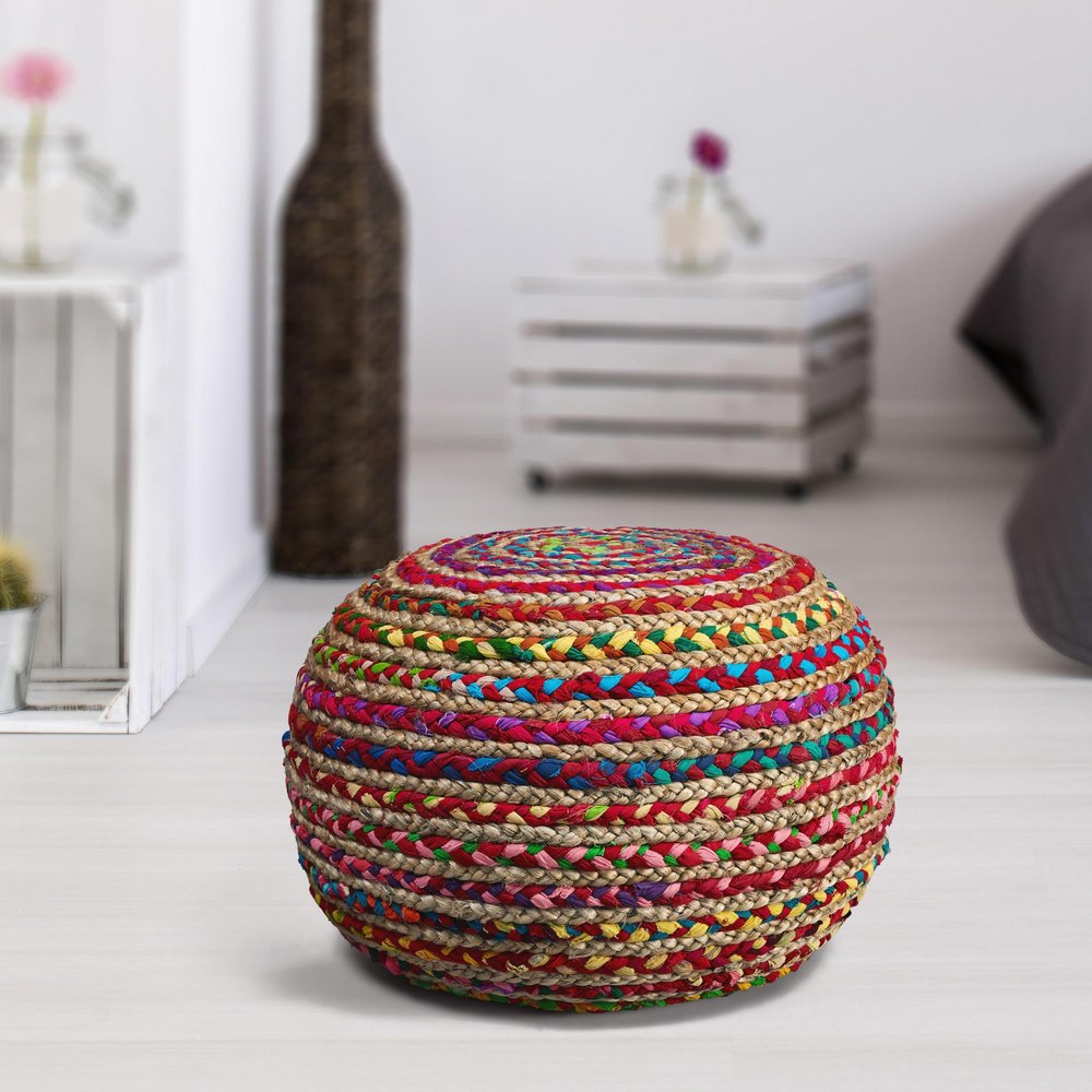 20" Blue Cotton Blend Round Striped Pouf Ottoman