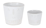 Set of Two White Porcelain 4 Ounce Abstract Face Pot Planters