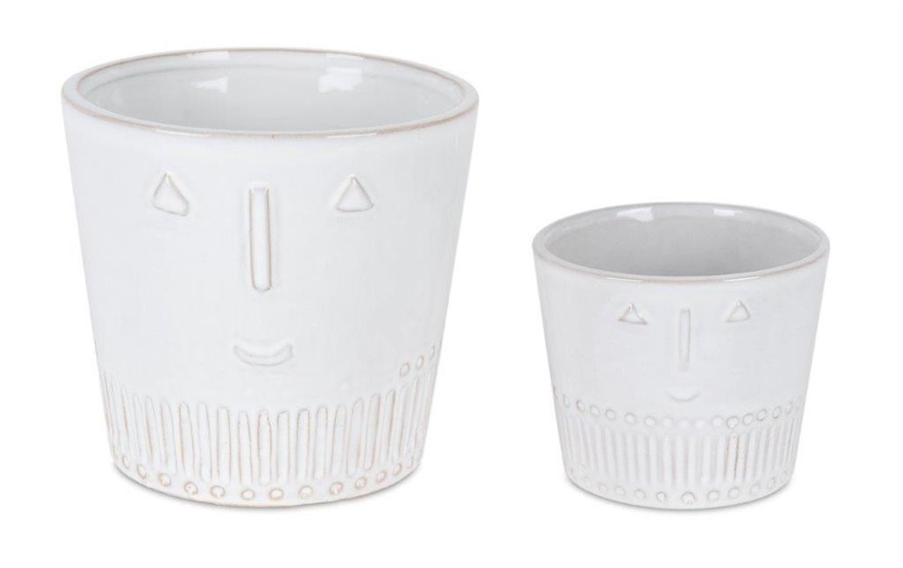 Set of Two White Porcelain 4 Ounce Abstract Face Pot Planters