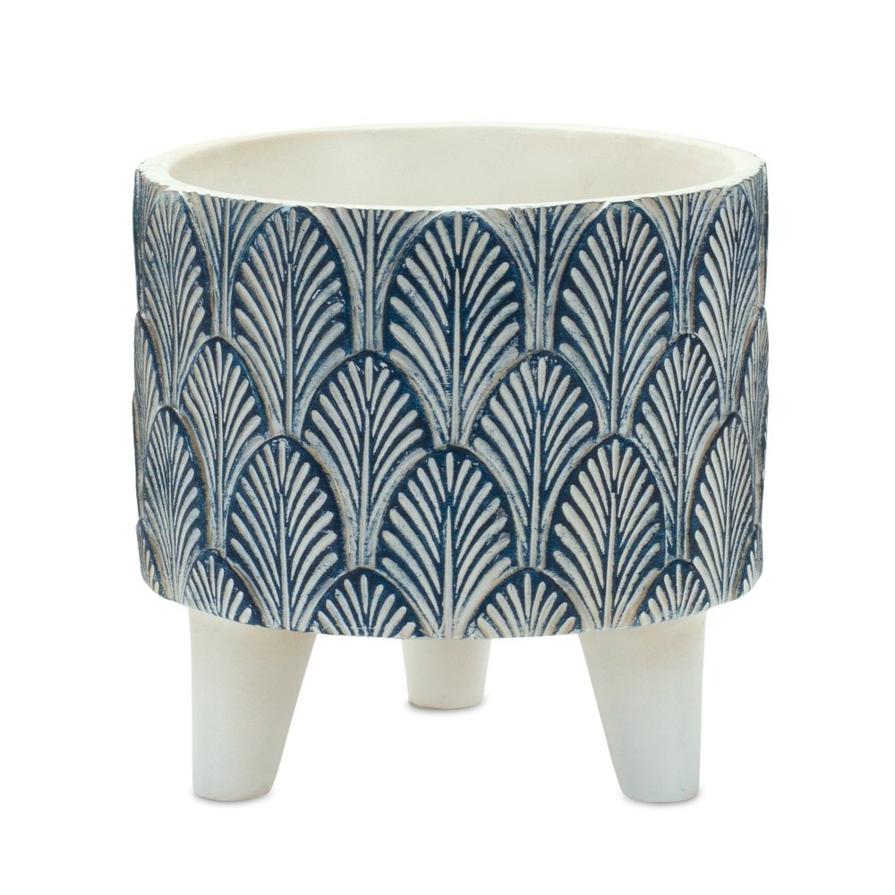 Set of Two Blue And White Polyresin Geometric Pot Planters