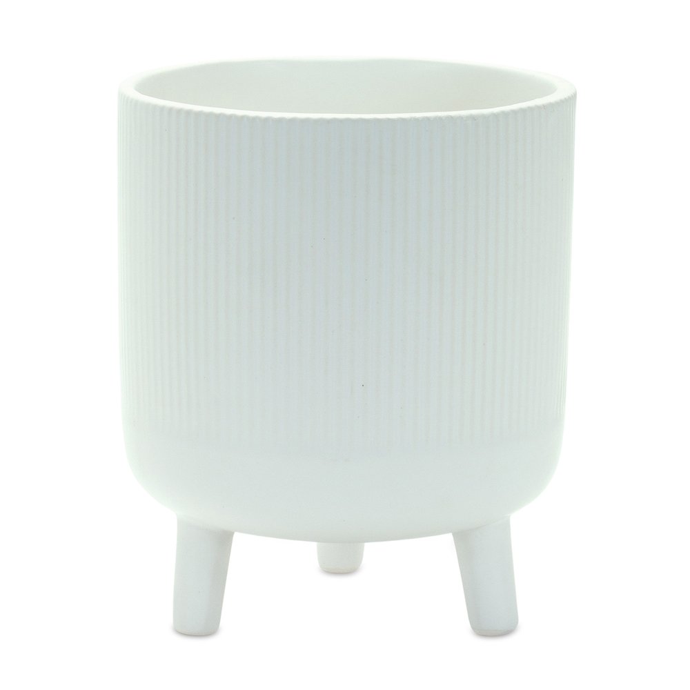 Set of Two White Ceramic Striped Footed Pot Planters