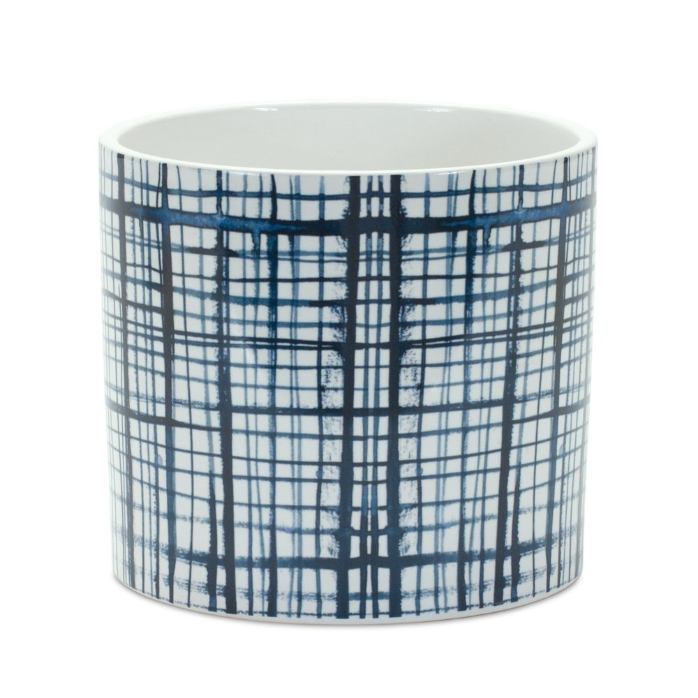 Set of Two White And Blue Ceramic Lattice 2 Ounce Round Pot Planters