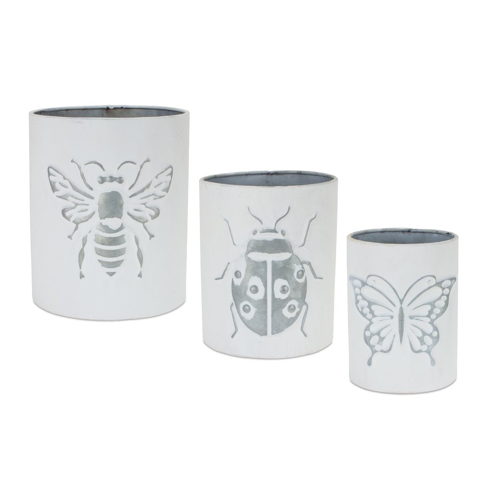 Set of Three White And Gray Metal 9 Ounce Abstract Round Distressed Pot Planters