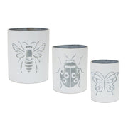 Set of Three White And Gray Metal 9 Ounce Abstract Round Distressed Pot Planters