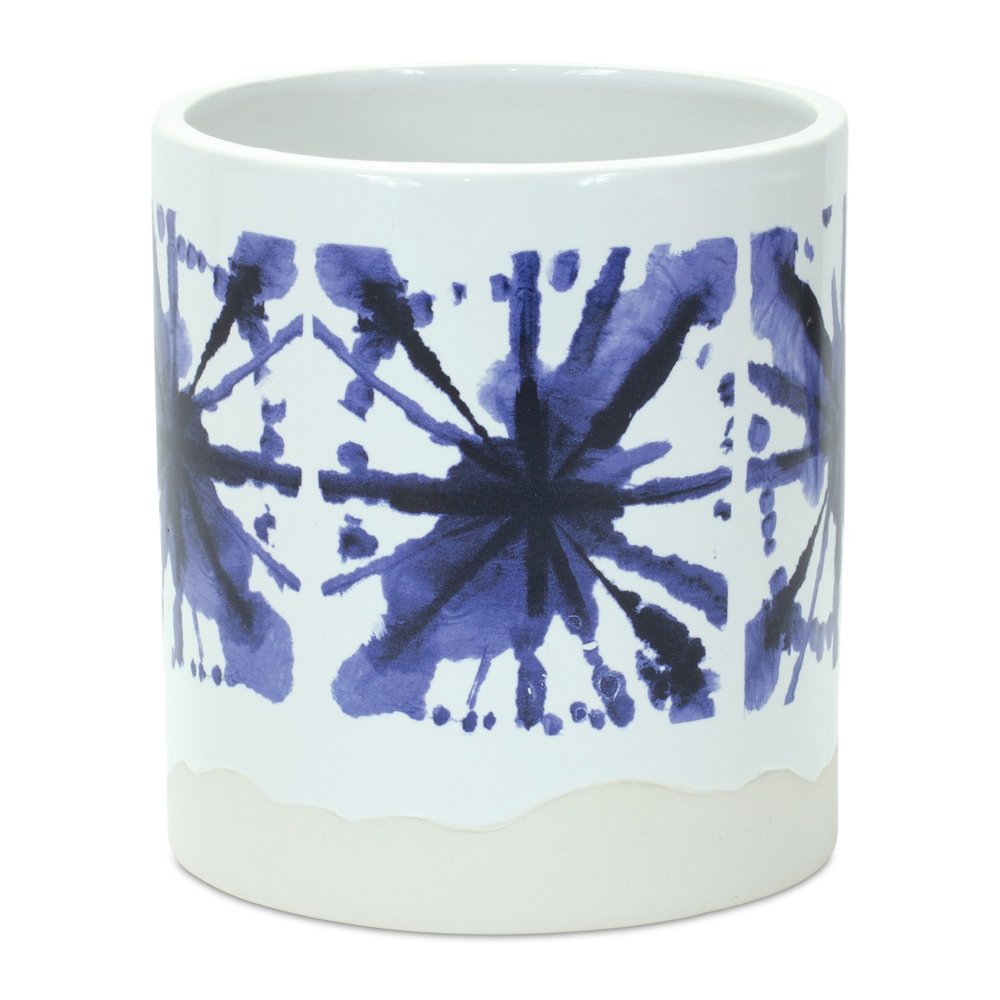 Set of Two White And Blue Ceramic 5 Ounce Abstract Round Pot Planters