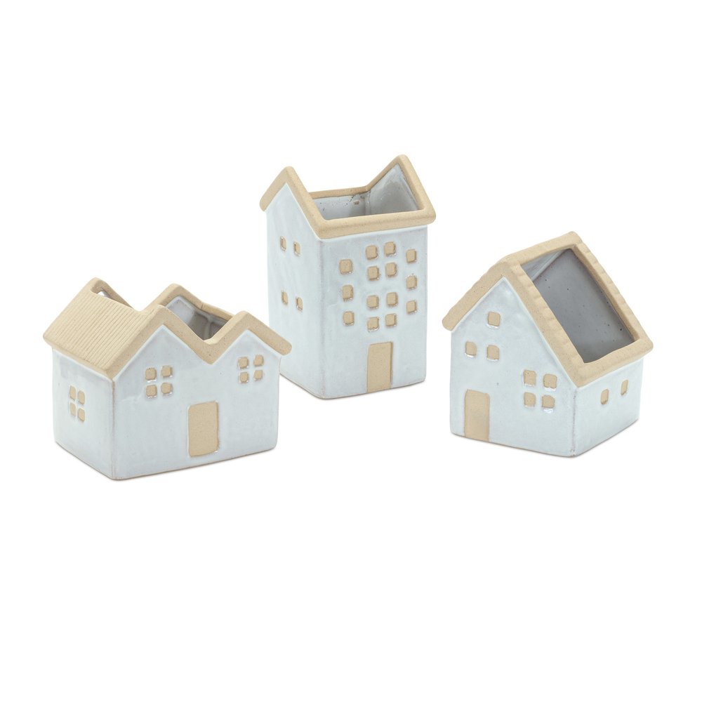 Set of Three White And Natural House Trio Pot Planters