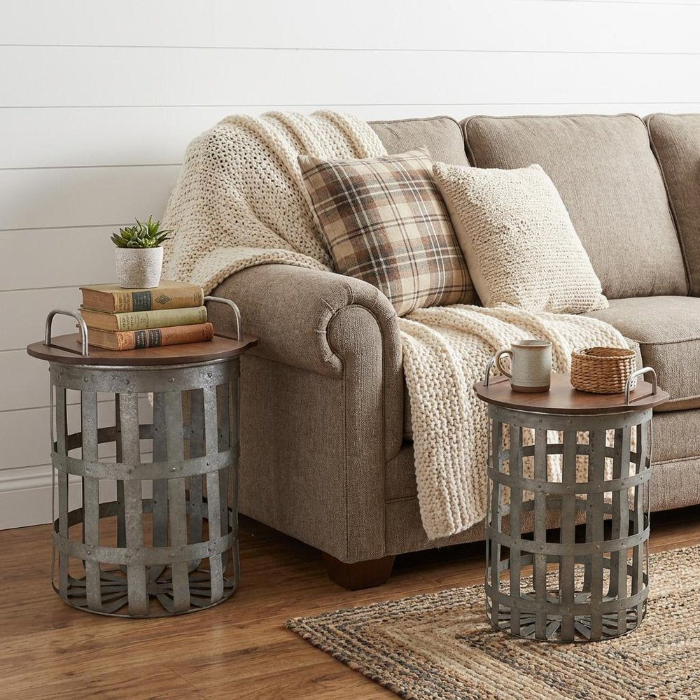 Set of Two 16" Grey And Brown Round End Tables