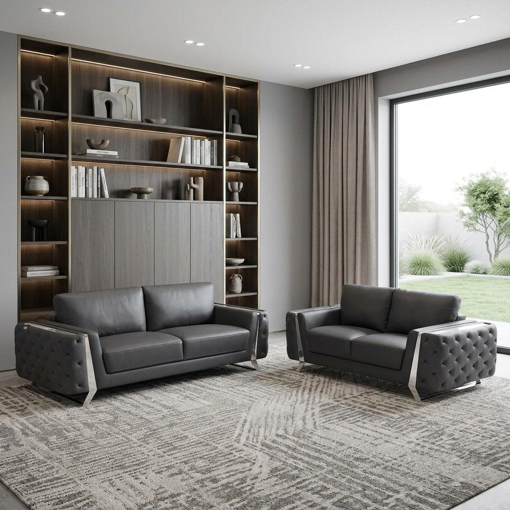 Two Piece Indoor Dark Gray Italian Leather Five Person Seating Set