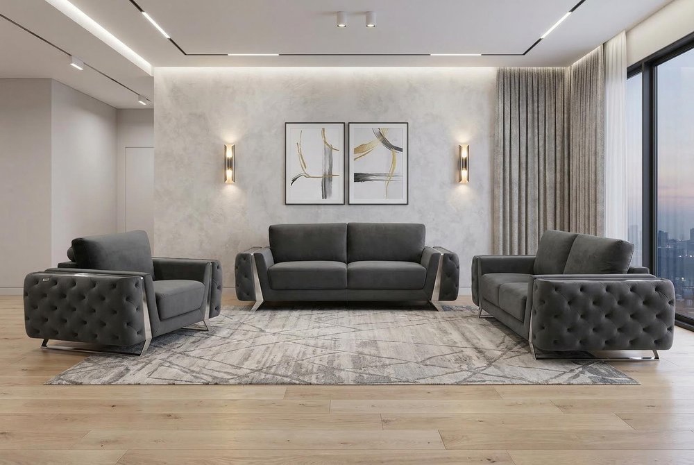 Three Piece Indoor Dark Gray Velvet Six Person Seating Set