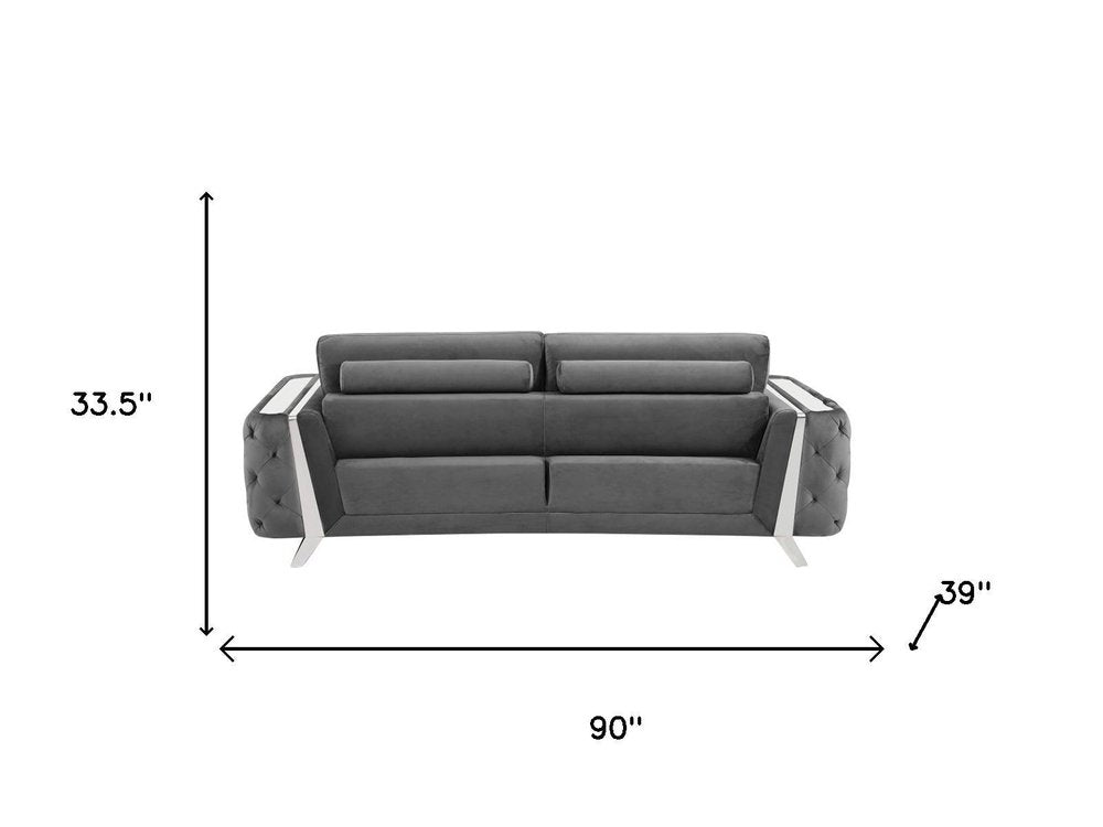 Two Piece Indoor Dark Gray Italian Leather Five Person Seating Set