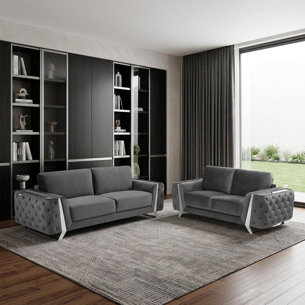 Two Piece Indoor Dark Gray Italian Leather Five Person Seating Set
