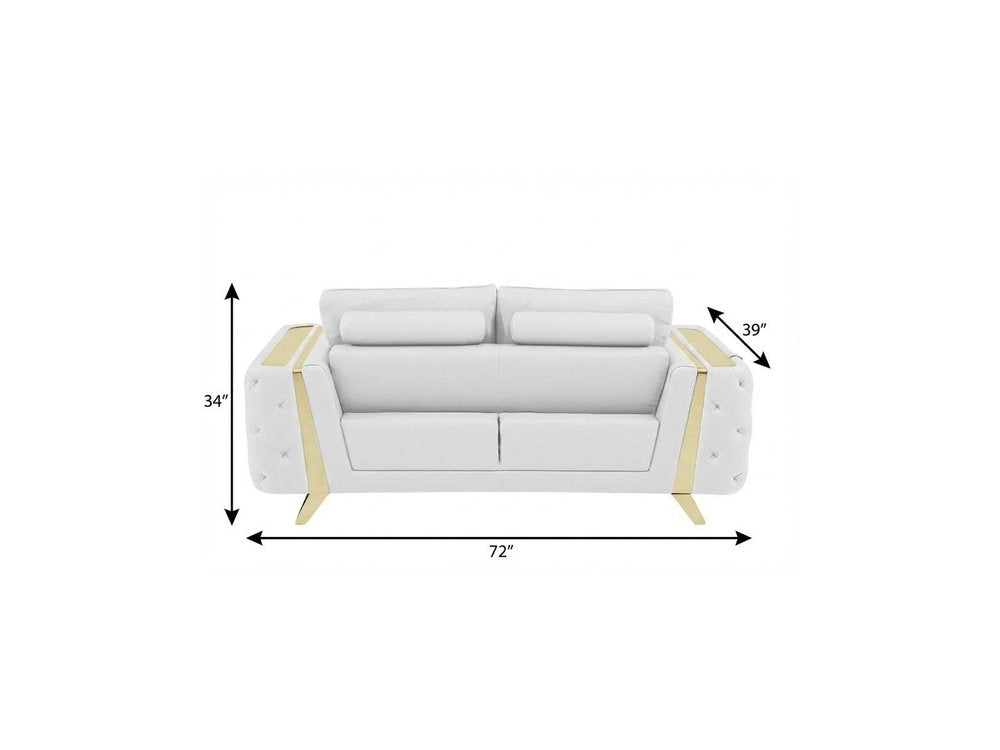 72" White And Gold Genuine Leather Loveseat