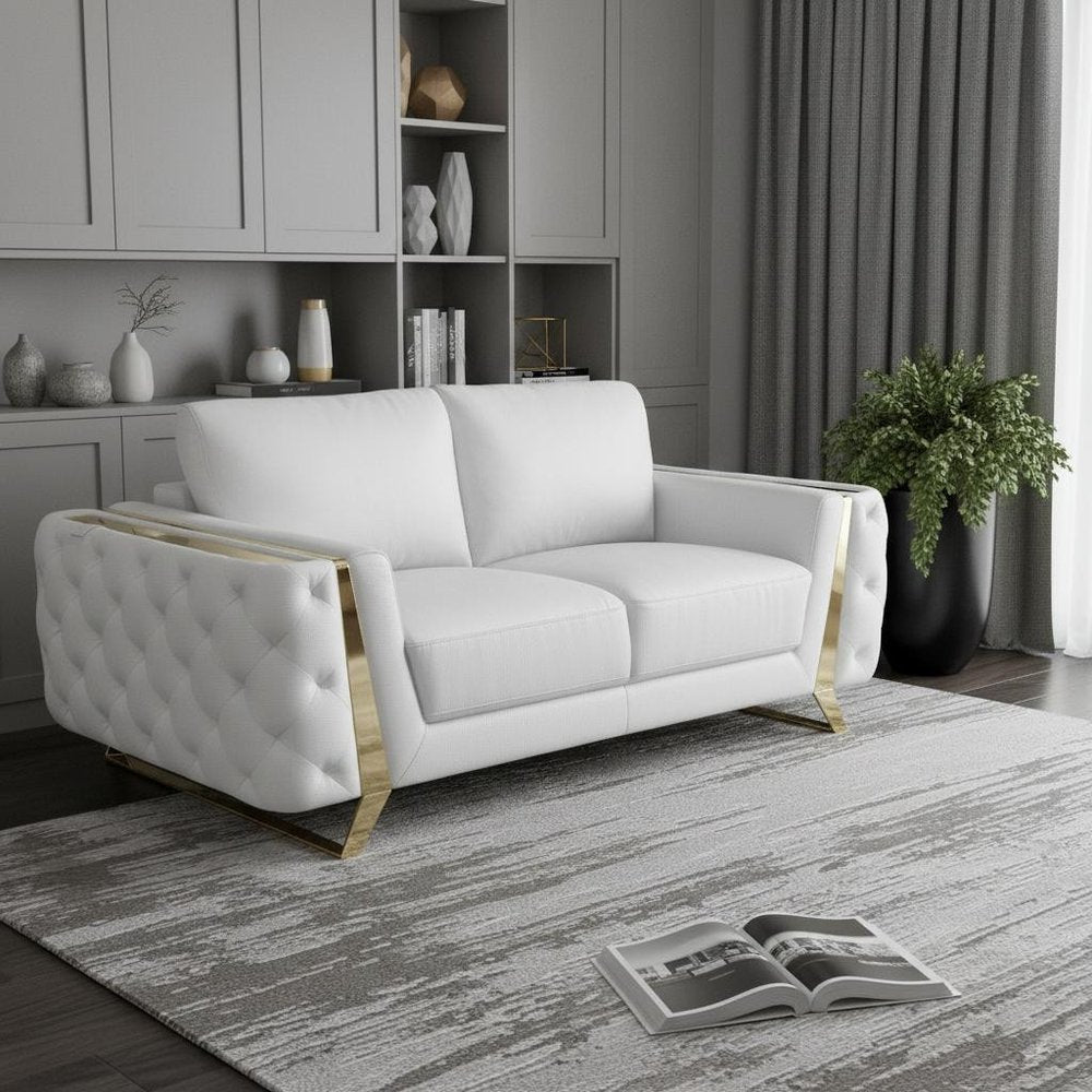 72" White And Gold Genuine Leather Loveseat