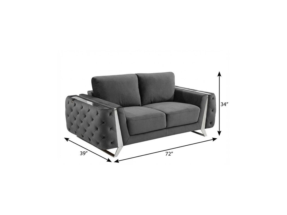 72" Dark Gray And Silver Velvet Loveseat