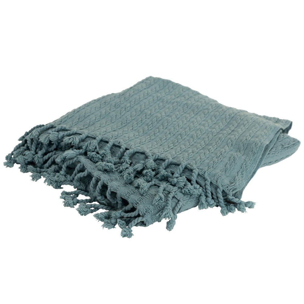 50" X 60" Teal Cotton Cable Knit Throw Blanket with Tassels