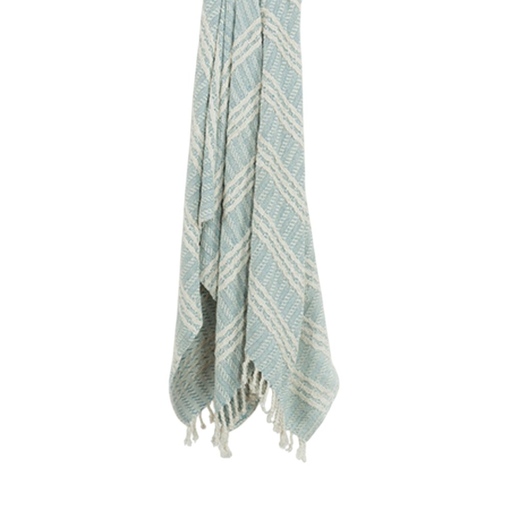 50" X 60" Light Blue And Ivory Striped Cotton Throw Blanket with Fringe