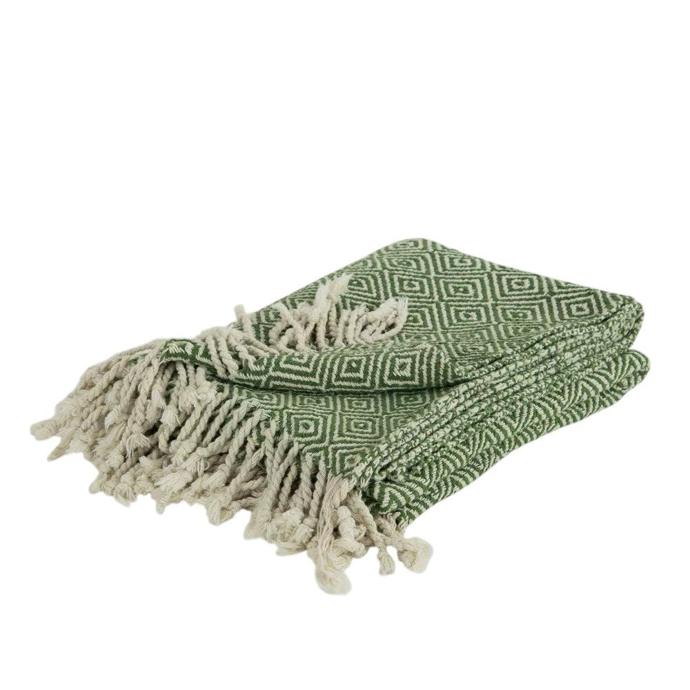 50" X 60" Green Cotton Woven Geometric Throw Blanket with Fringe