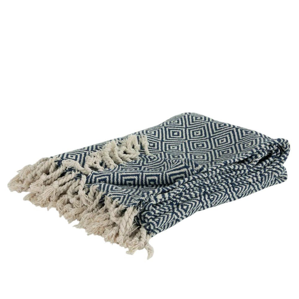 50" X 60" Navy Blue Cotton Woven Geometric Throw Blanket with Fringe