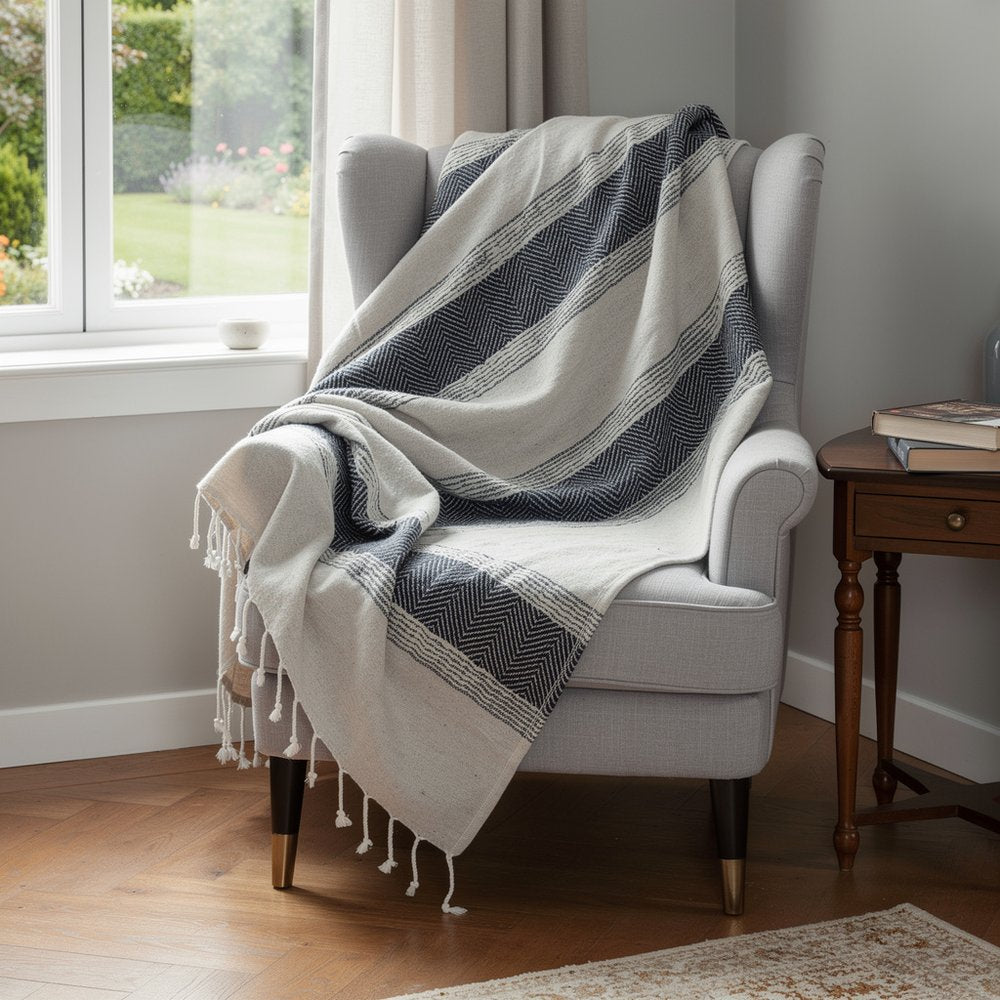 50" X 60" Blue And Ivory Cotton Woven Striped Throw Blanket with Fringe