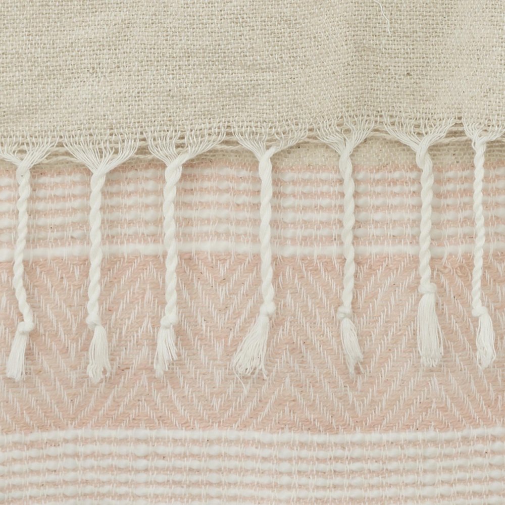 50" X 60" Beige And Pink Cotton Woven Striped Throw Blanket with Fringe