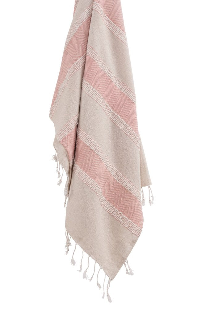 50" X 60" Beige And Pink Cotton Woven Striped Throw Blanket with Fringe