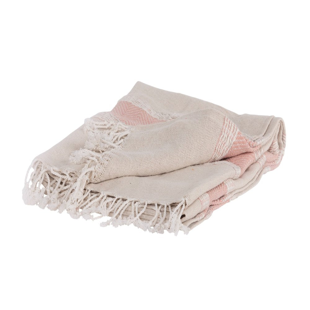 50" X 60" Beige And Pink Cotton Woven Striped Throw Blanket with Fringe