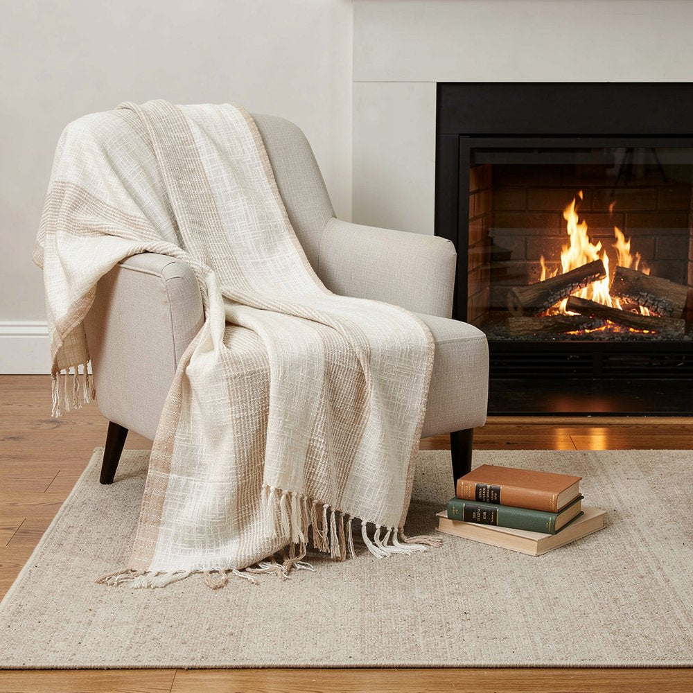 50" X 60" Ivory Cotton Woven Striped Throw Blanket with Fringe