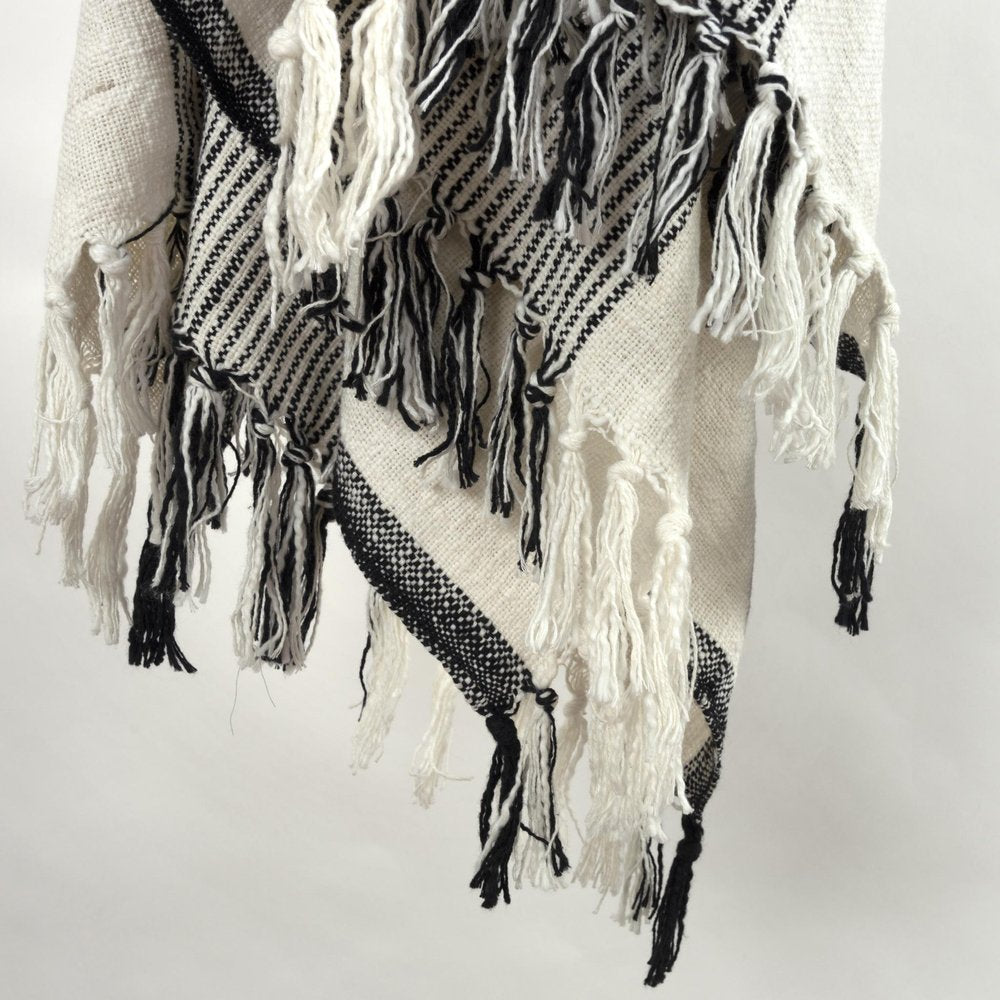 50" X 60" Black And Ivory Cotton Woven Striped Throw Blanket with Fringe
