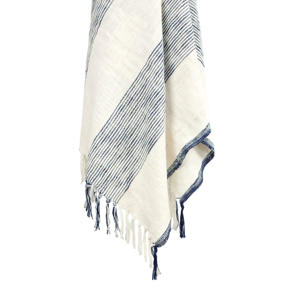 50" X 60" Blue And Ivory Cotton Woven Striped Throw Blanket with Fringe