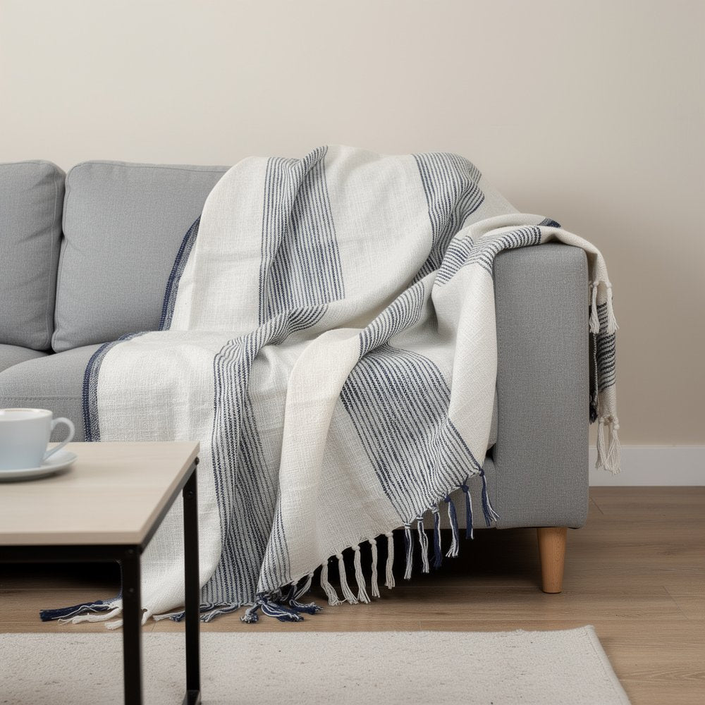 50" X 60" Blue And Ivory Cotton Woven Striped Throw Blanket with Fringe