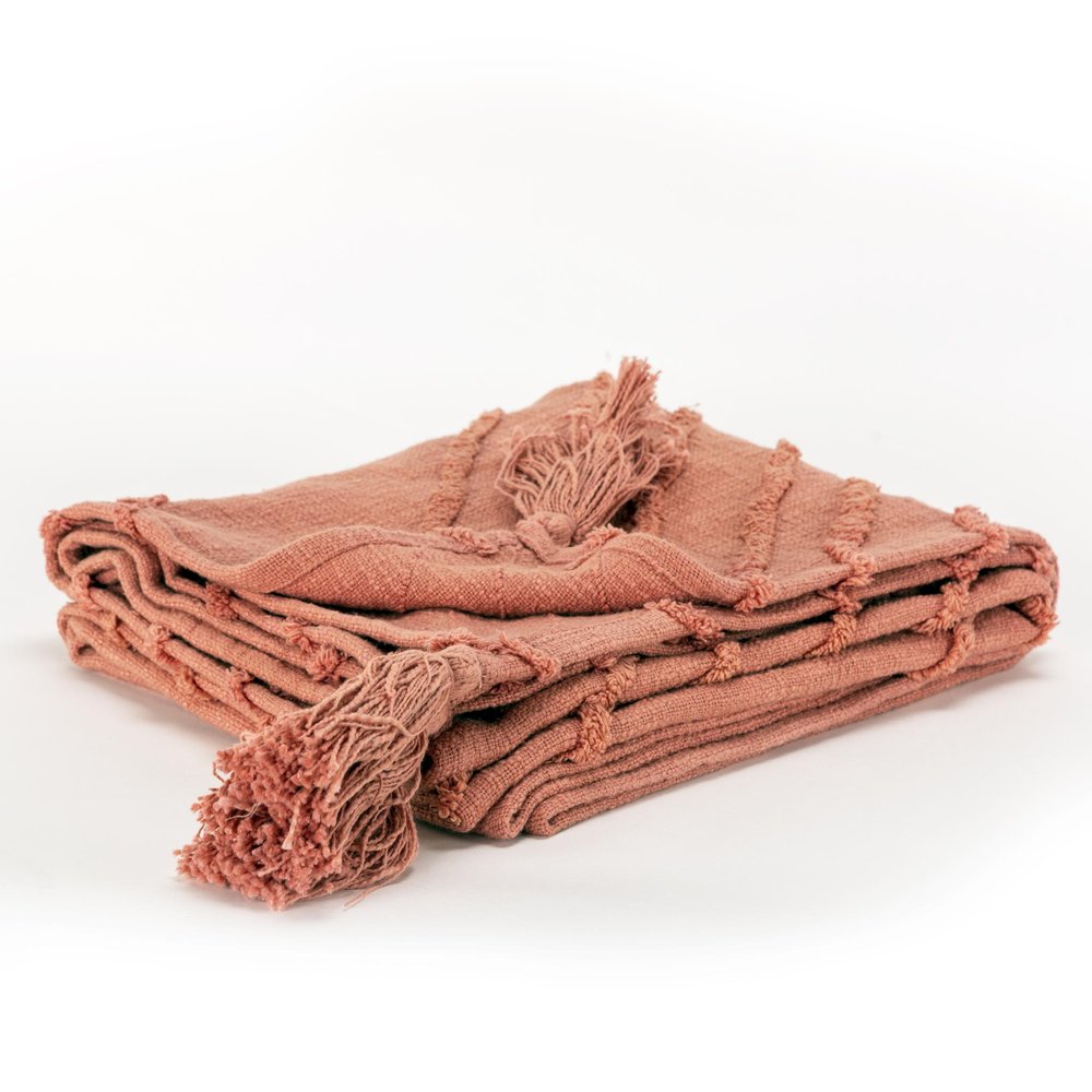 50" X 60" Coral Cotton Woven Geometric Throw Blanket with Tassels