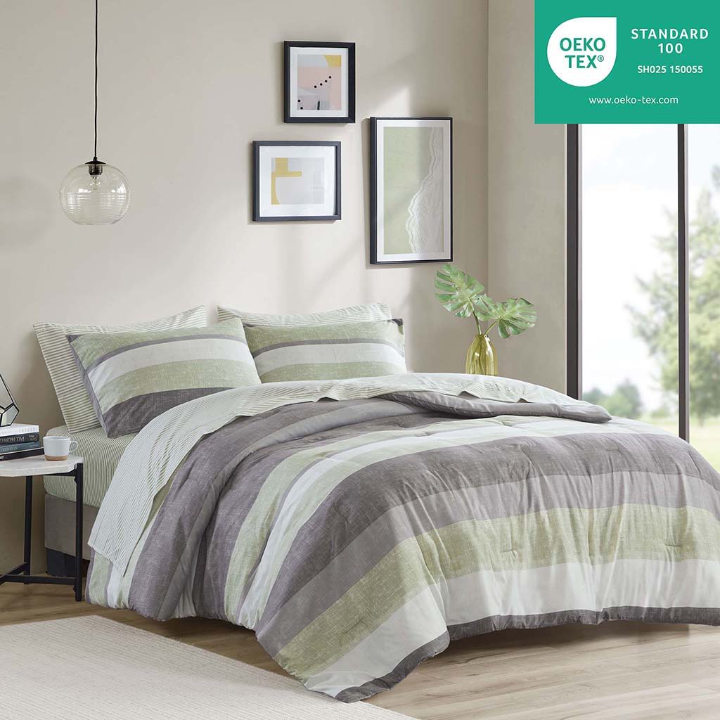 Jaxon - 7 Piece California King Stripe Comforter Set With Bed Sheets - Green / Gray