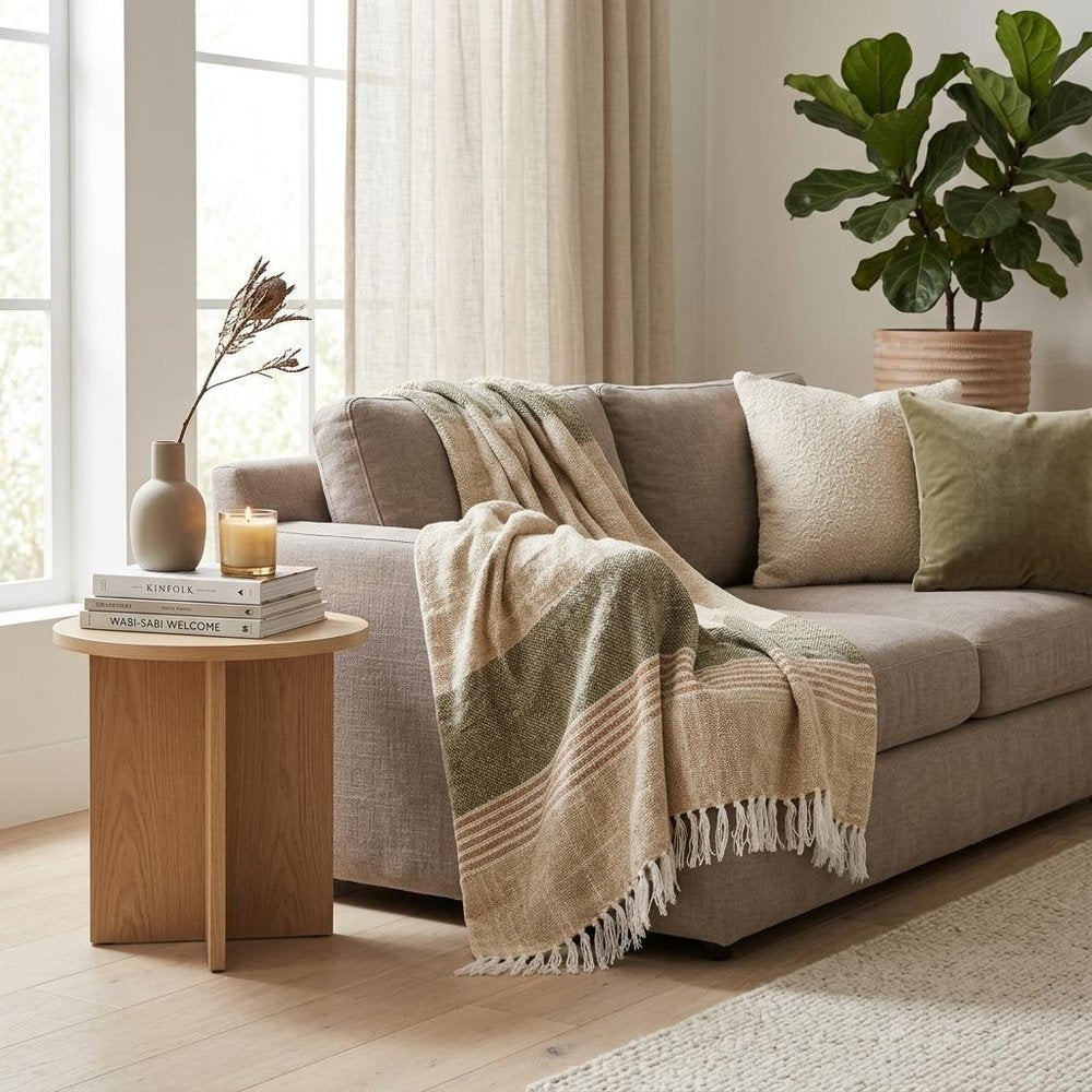50" X 60" Beige Brown And Ivory Recycled Poly PET Striped Throw Blanket with Tassels